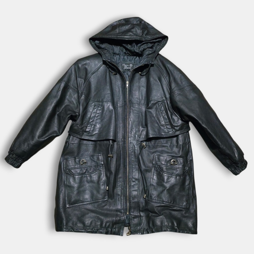 Vintage Marco Morani Genuine Leather Black Long Coat Trench Jacket Womens 1X